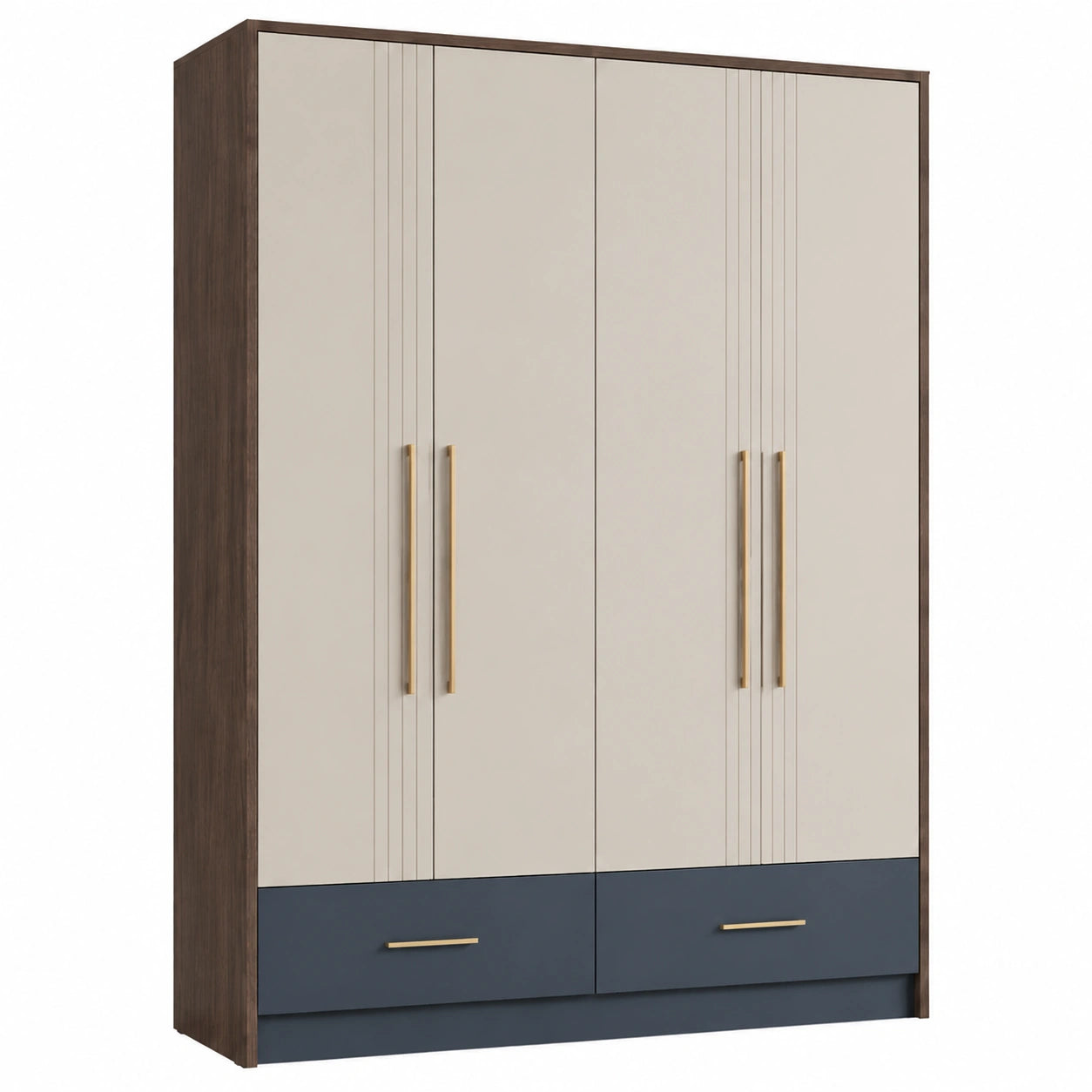 Kleiderschrank aus Holz mit 4 Türen und Stahlgriffen, Creme/Grau, 180x120x60 cm