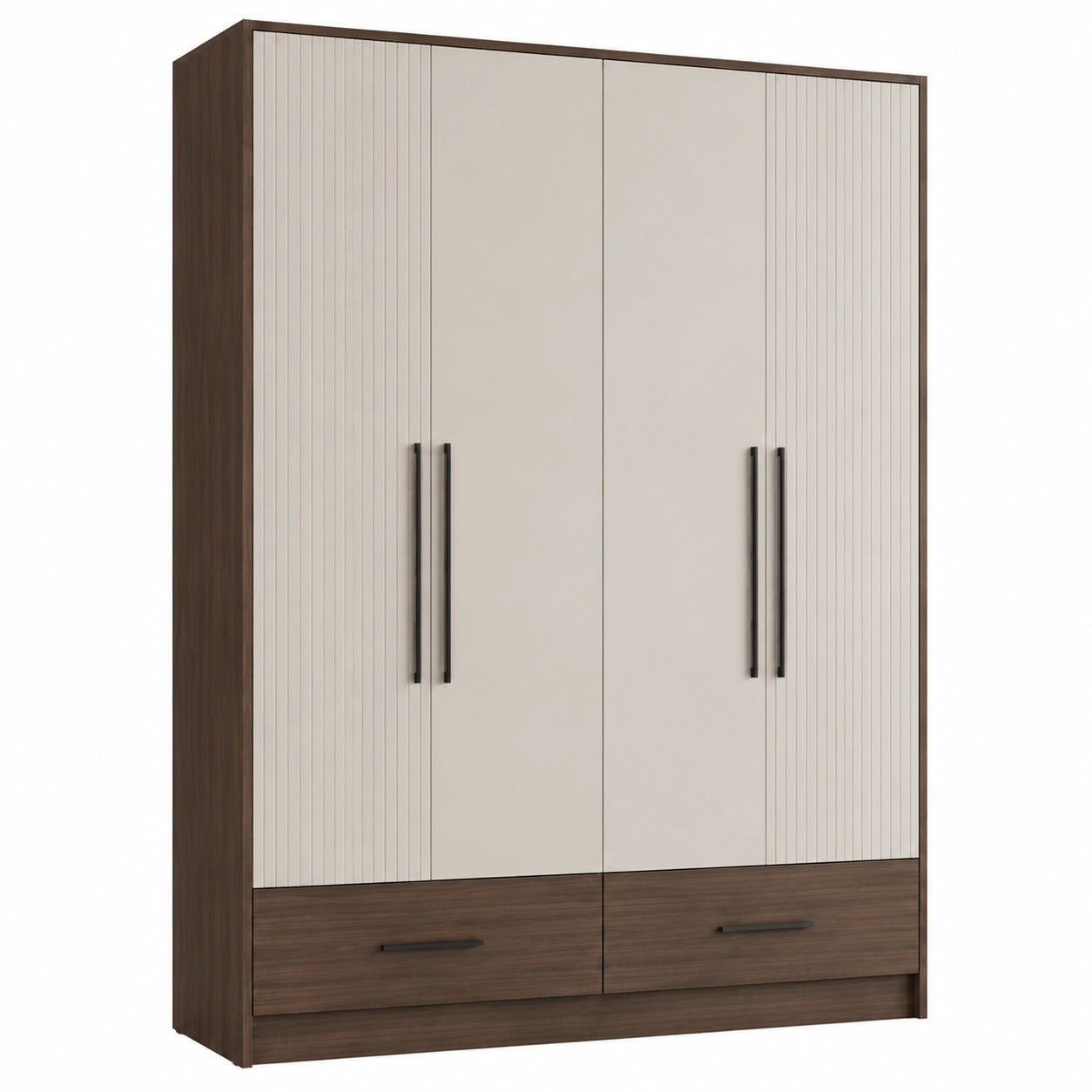 Kleiderschrank MDF mit vier Türen und zwei Schubladen Beige/Walnuss 200cm x 120cm x 60cm