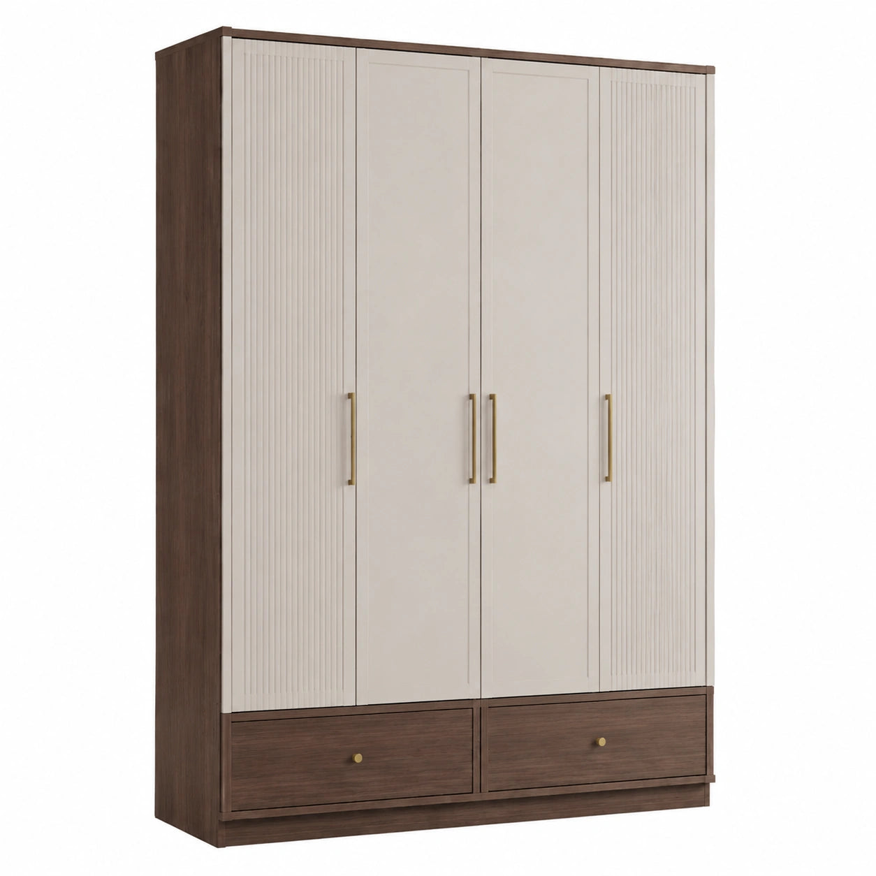 Holz Kleiderschrank mit 3 Türen und 2 Schubladen in Beige und Braun