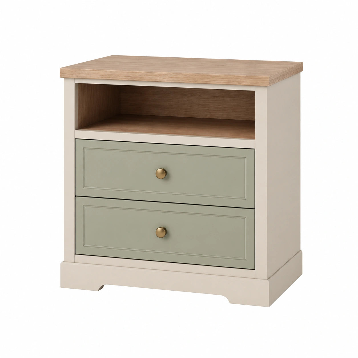 Holz Nachttisch mit 2 Schubladen und Fach Beige/Grün 60x40x70cm