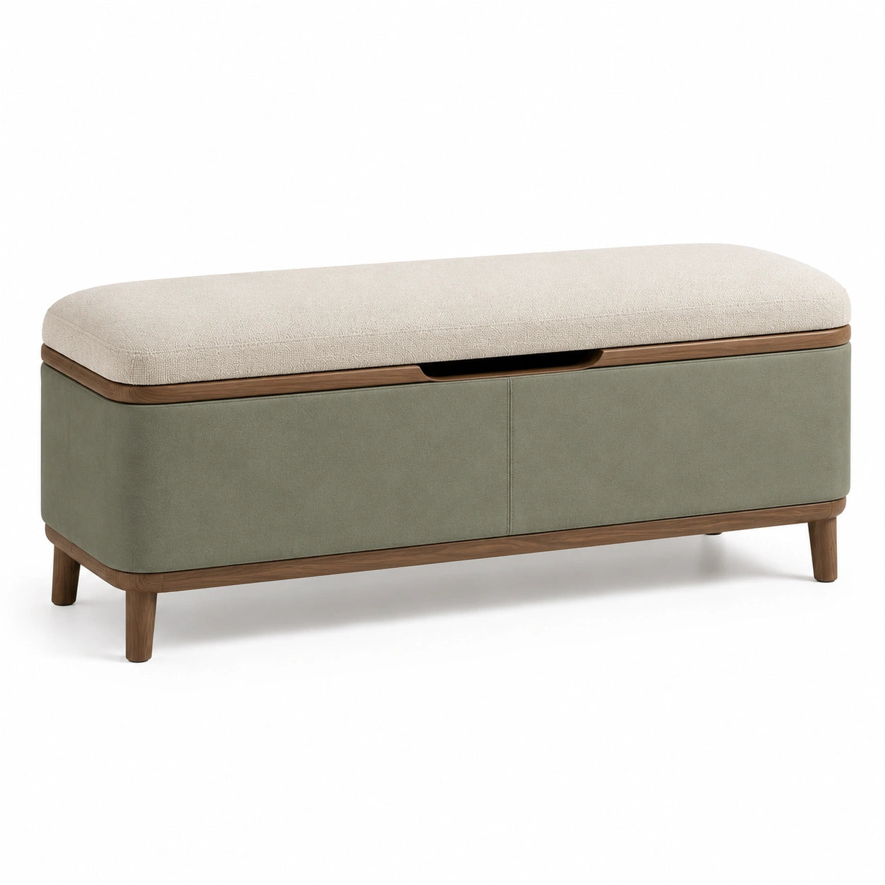 Holzbank mit Stauraum in Stoff Beige und Lederimitat Grün 120 cm