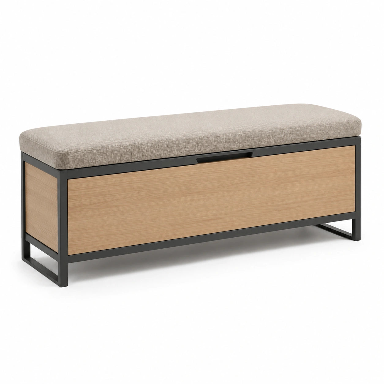 Polsterbank mit Aufbewahrung aus Eiche und Metall, Beige