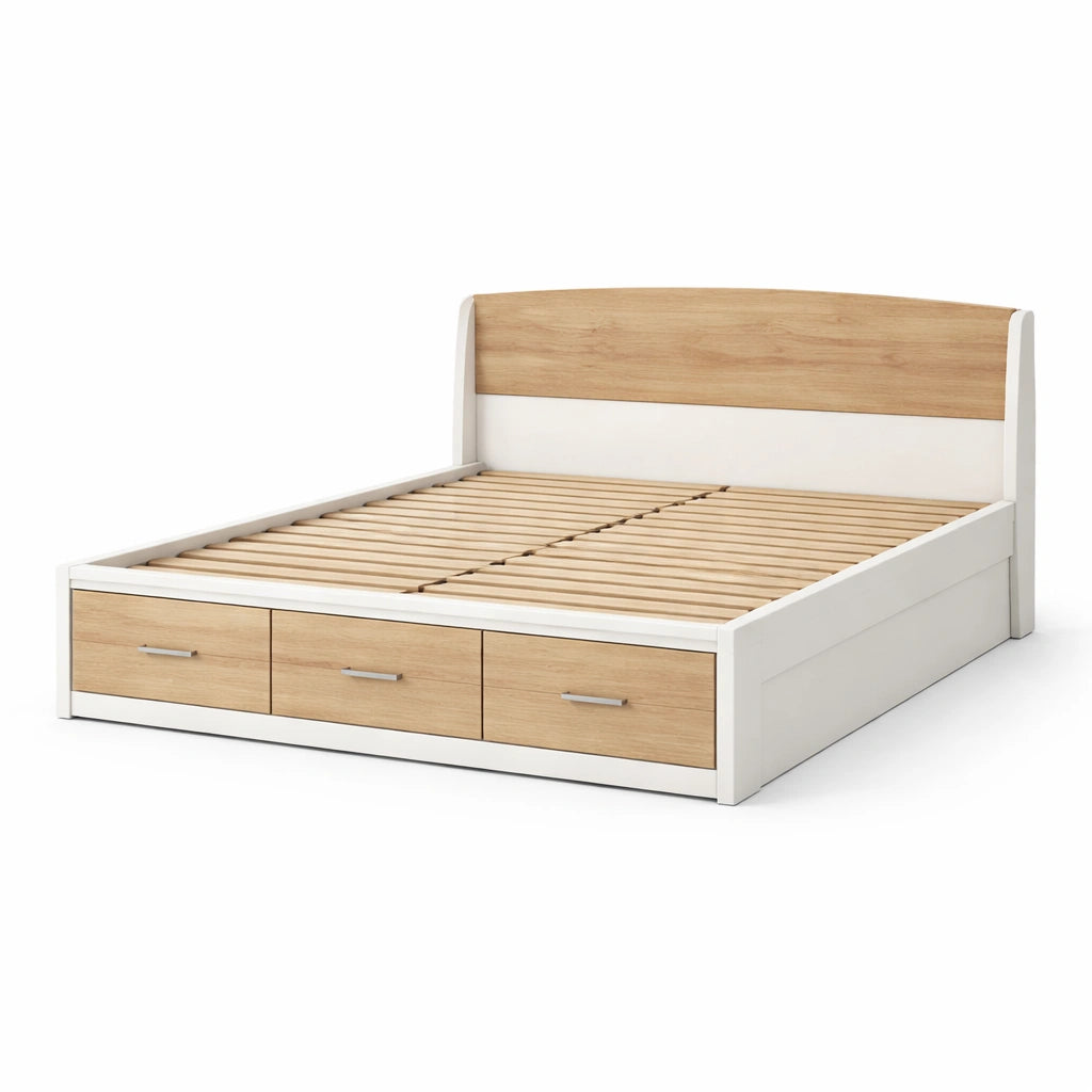 Doppelbett mit Schubladen MDF Weiß/Naturholz 200x160 cm