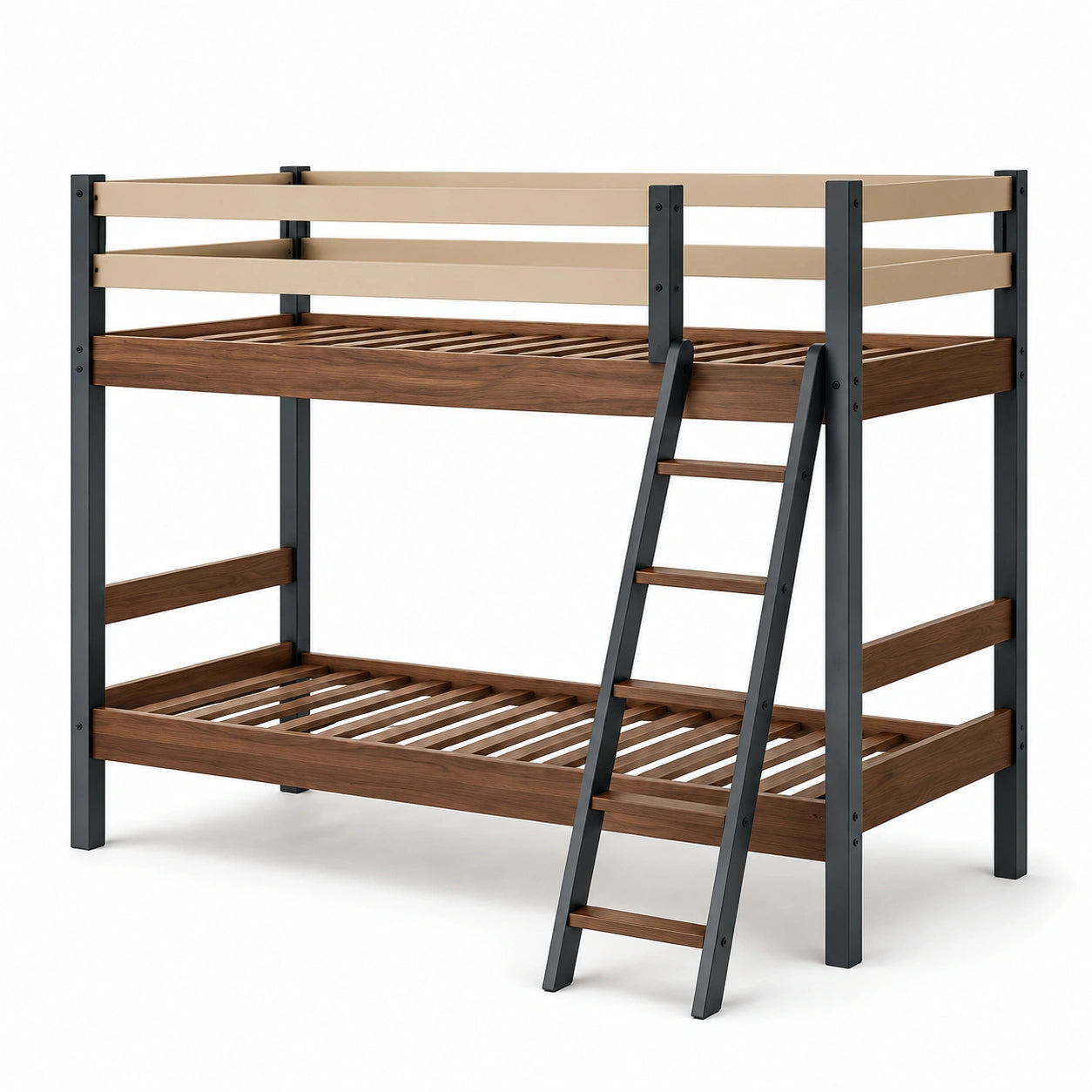 Etagenbett aus Walnussholz und Stahl mit Leiter, Braun/Beige, 200x90 cm