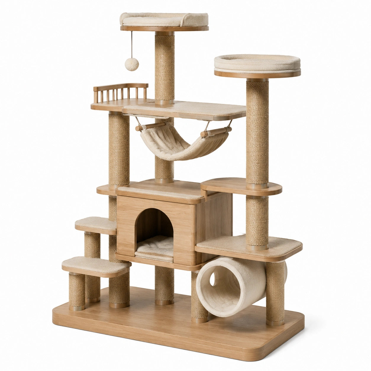 Kratzbaum Holz mit Sisal und Spielzeug Beige