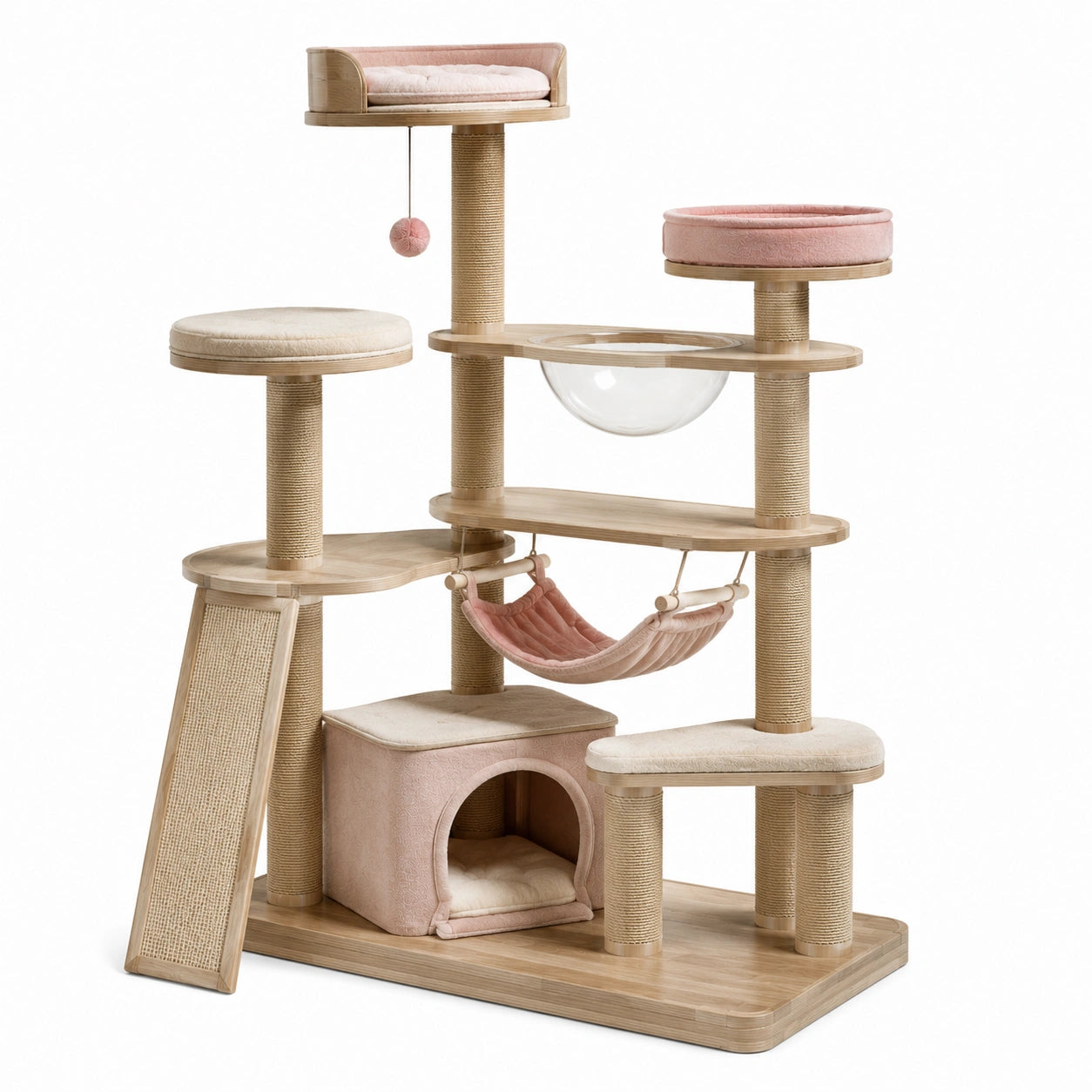 Katzenkratzbaum aus Holz mit Sisalpfosten in Rosa