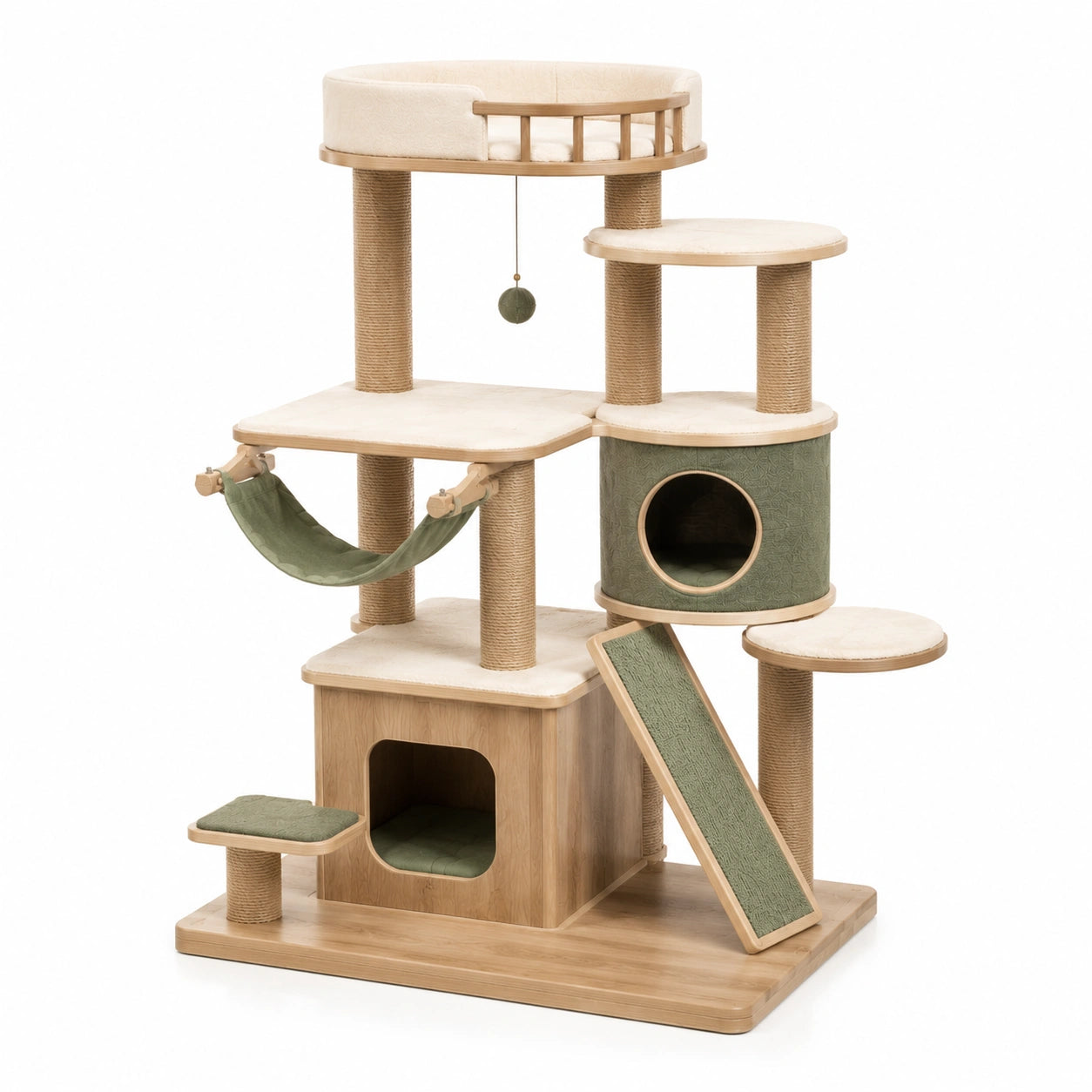 Katzenbaum aus Holz mit Hängematte und Plattformen, 120 cm, Natur/Grün