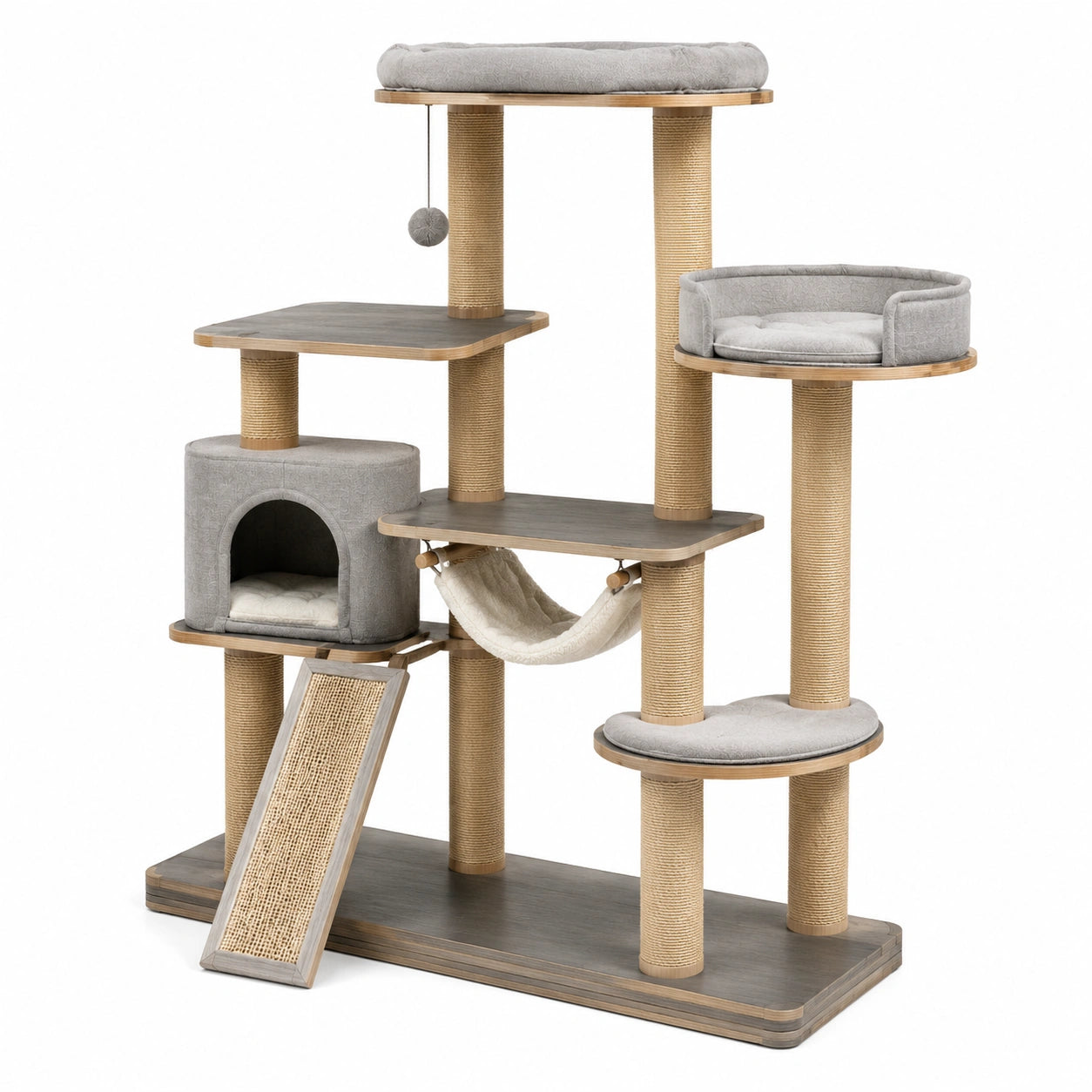 Kratzbaum aus Holz, Sisal und Plüsch, Grau/Beige, 150 cm
