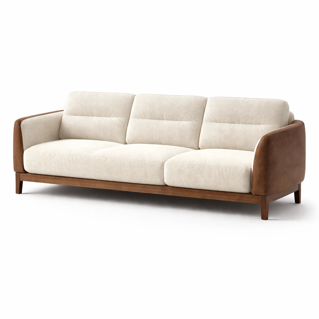 3-Sitzer Sofa Stoff Beige Lederoptik Holz 220 cm
