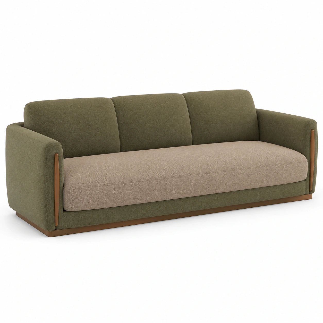 Dreiersofa aus Stoff mit Holzrahmen, Olivgrün und Beige
