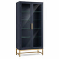 Blaue Vitrine aus Metall mit Glastüren und Regalböden