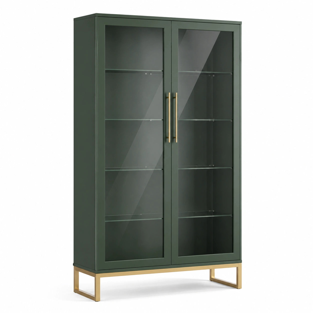 Metallvitrine mit Glastüren, 180 cm Höhe, Dunkelgrün