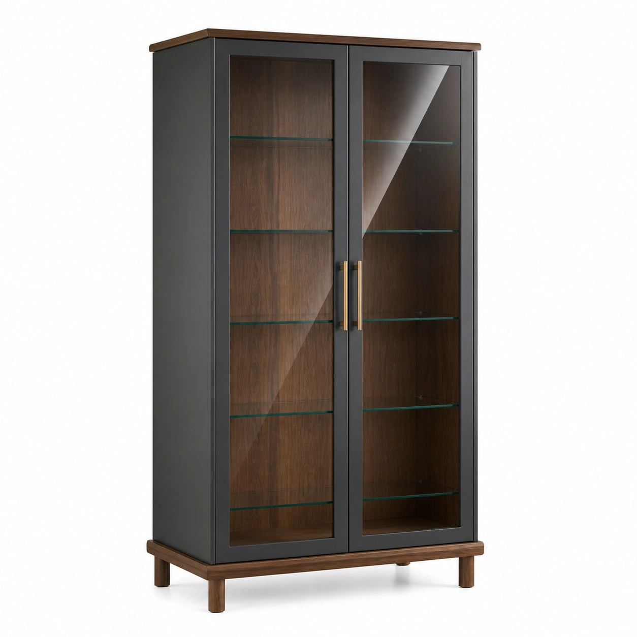 Vitrine aus Walnussholz mit gehärtetem Glas, Schwarz, 200cm Höhe, 100cm Breite