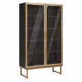Glasvitrine mit Metallrahmen und Holzoptik, Schwarz/Gold