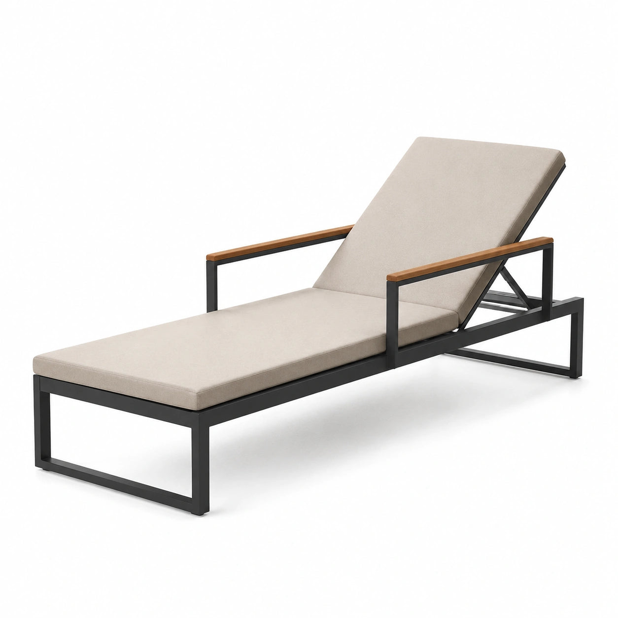 Verstellbare Sonnenliege Aluminium Schwarz Hartholzarmlehnen Polyester Beige Polster, 200 cm