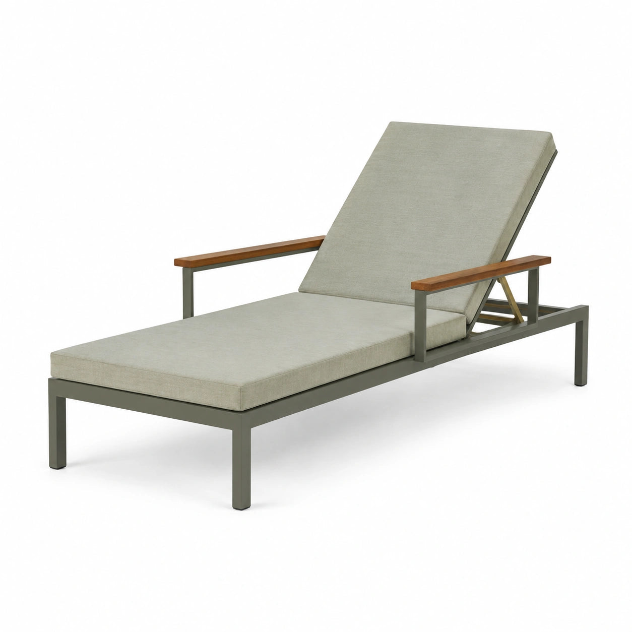 Gartenliege mit Aluminiumrahmen, Teakholzarmlehnen und Polyesterbezug Grau