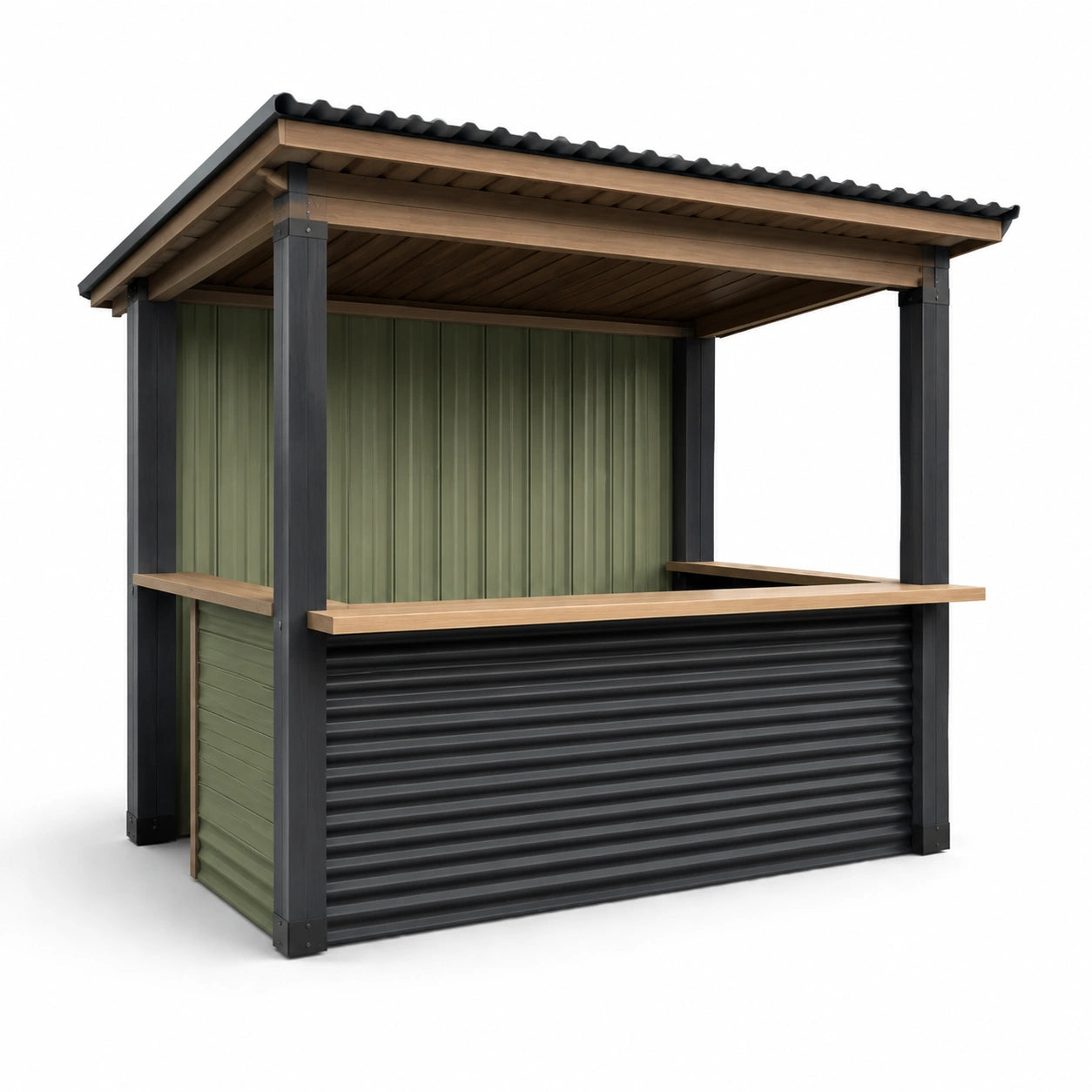 Gartenbar aus Stahl und Holz mit Überdachung Grün/Schwarz 200x150x200 cm