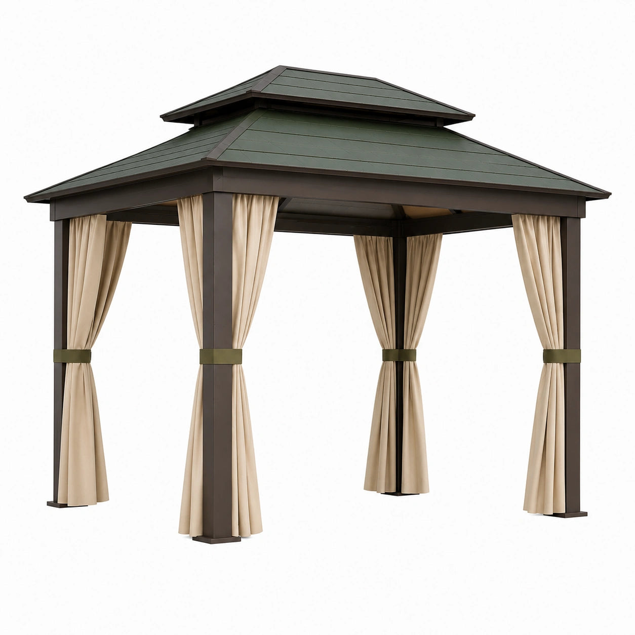 Metall Pavillon mit Gründach und Beigen Vorhängen