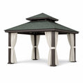Gartenpavillon Holzrahmen 3x3 m mit Vorhängen Dunkelbraun/Grün/Beige